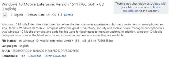 Windows 10 Mobile Enterprise предложена подписчикам MSDN