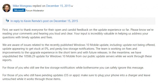 Microsoft временно отозвала обновление 10586.29 для Windows 10 Mobile