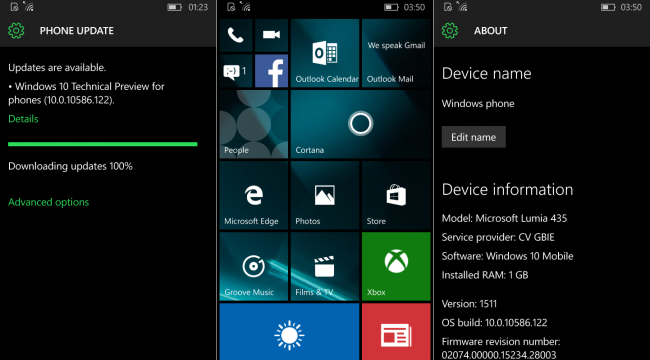Microsoft тестирует Windows 10 Mobile с номером сборки 10586.122