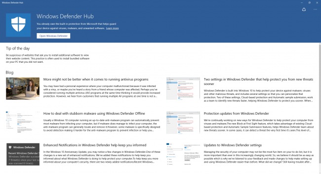 В Магазине Windows обнаружено приложение Windows Defender Hub