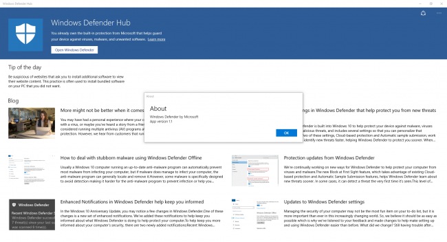 В Магазине Windows обнаружено приложение Windows Defender Hub