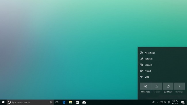 Центр управления работает в Windows 10 Insider Preview 16212