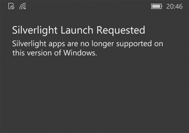 В новейших сборках Windows 10 Mobile уже не поддерживается Silverlight