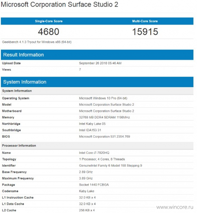   Geekbench  Surface Studio 2