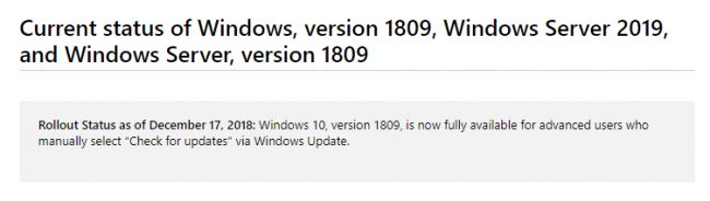 Microsoft сняла ограничения на ручное обновление до Windows 10 October 2018 Update